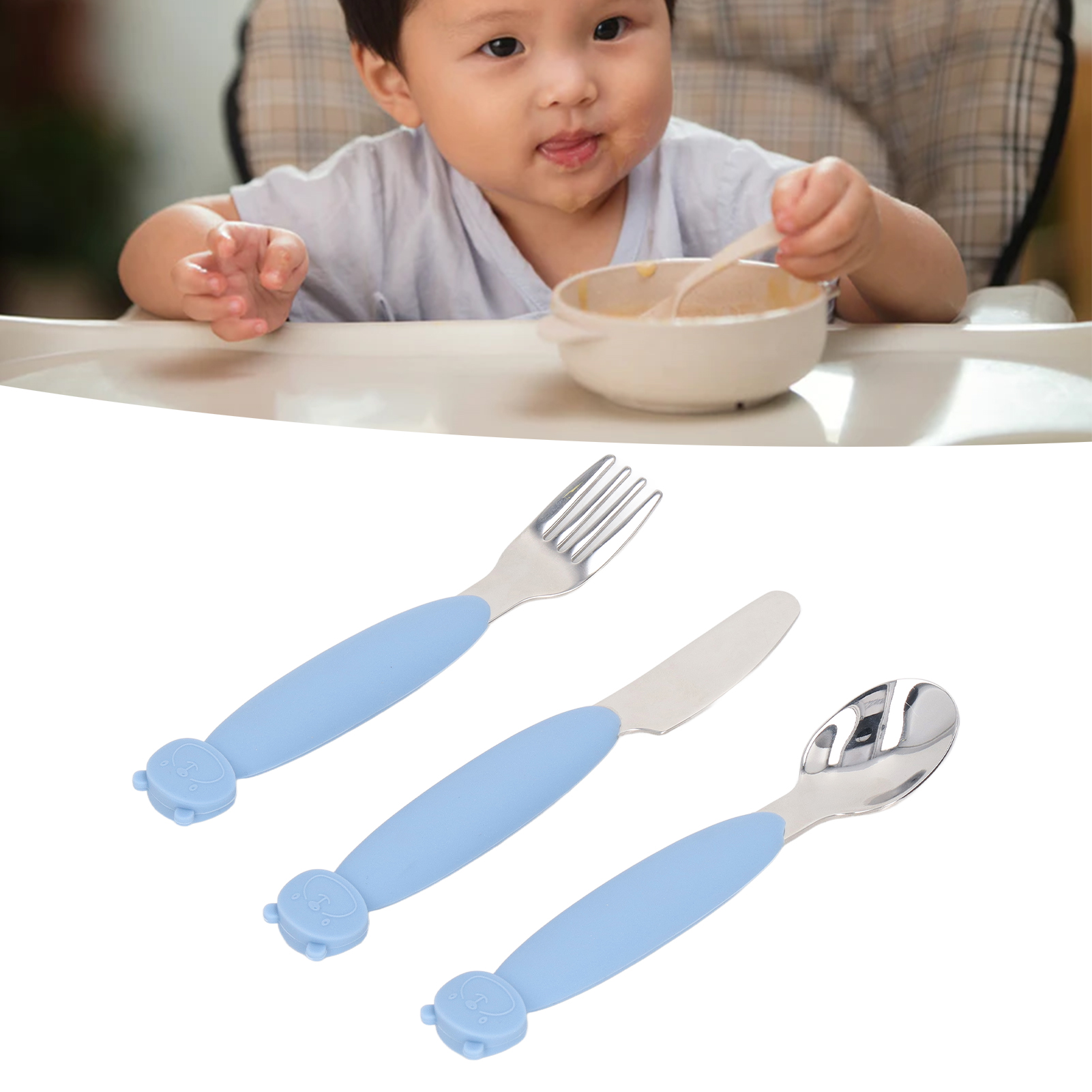 Toddler Utensils Set Spoon and Fork, Stainless Steel Baby Fork and Spoon  Set with Silicone Handles,for Toddlers 18 Months+, Children's Flatware Set