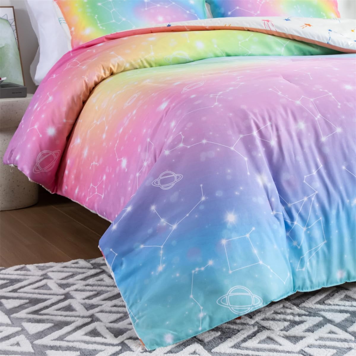 NTBED Tie Dye Constellation Rainbow Ombre Comforter Set Twin Size Gradient Galaxy Bedding Set for Kids Girls Boys Pink Green 3Pcs