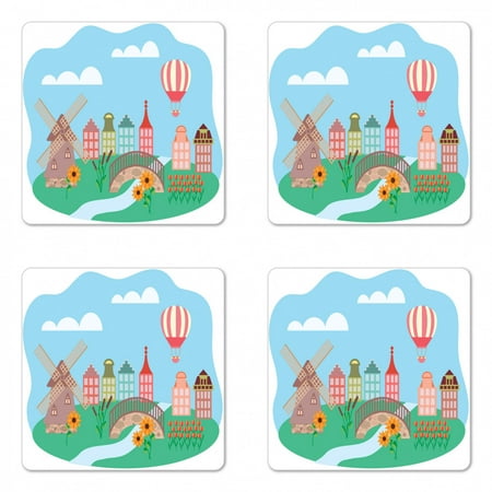 

Amsterdam Coaster Set of 4 Dutch Demonstration of Rural Area Landscape Windmill River Houses Hot Air Balloon Square Hardboard Gloss Coasters Standard Size Multicolor by Ambesonne