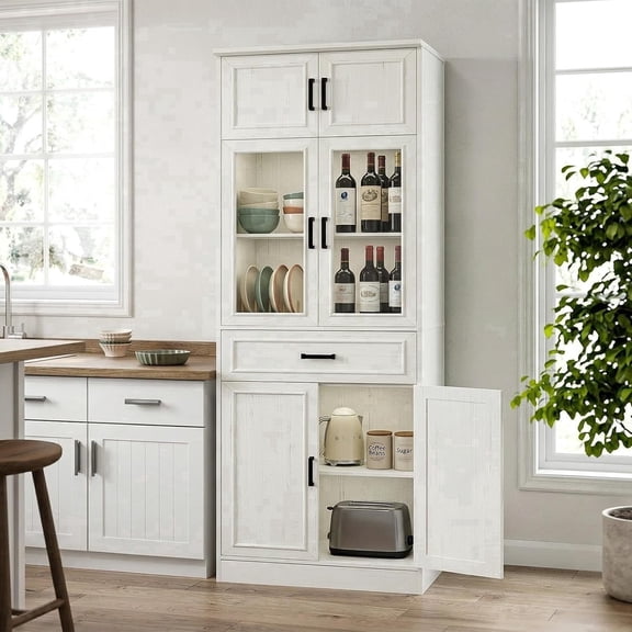 Homieasy 80" Tall White Kitchen Pantry Storage Cabinet with Glass Doors, Adjustable Shelves & Drawer Organizer - Versatile Cupboard for Kitchen, Dining Room, Living Room, Bathroom