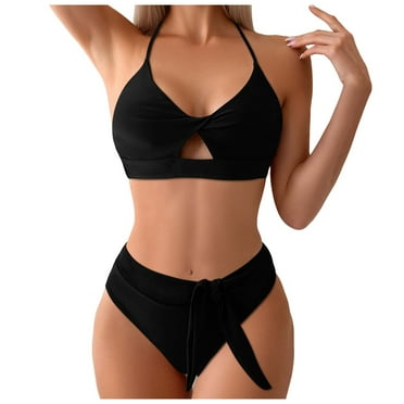 Zshosam Women's V Neck Bikini Sets Hollow Out Two Piece Swimsuits Cutout Mid Waist Bathing Suit(Black,M)