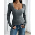 thumbnail image 4 of Womens Long Sleeve Shirts Square Neck Ribbed Knit Crop Tops Fall Outfits Fashion Clothes Grey XL, 4 of 9
