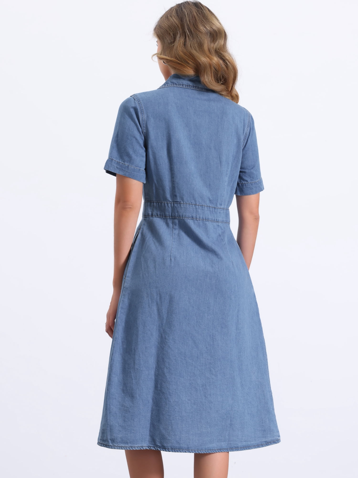 DARING DIVA Denim Collared Short Sleeve A-Line Midi Dress L Light Blue