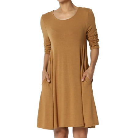 TheMogan Women's S~3XL Basic 3/4 Sleeve Swing Flared Tunic Dress Pocket Long Top