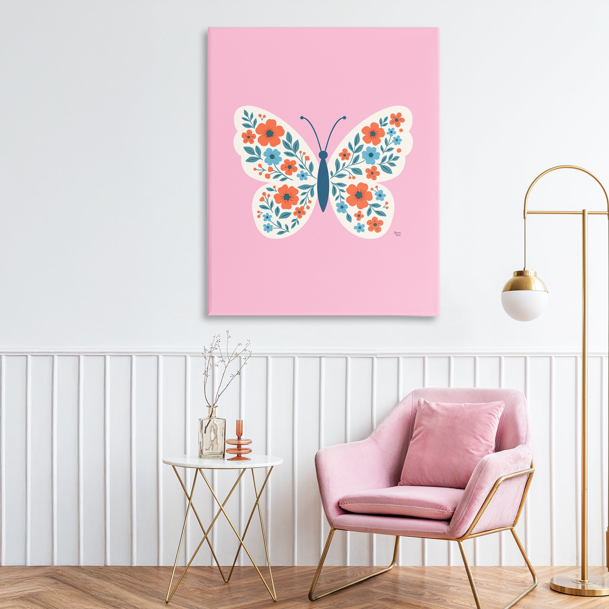 Boho Pink Floral Butterfly Canvas Wall Art, design by Jessica Beck