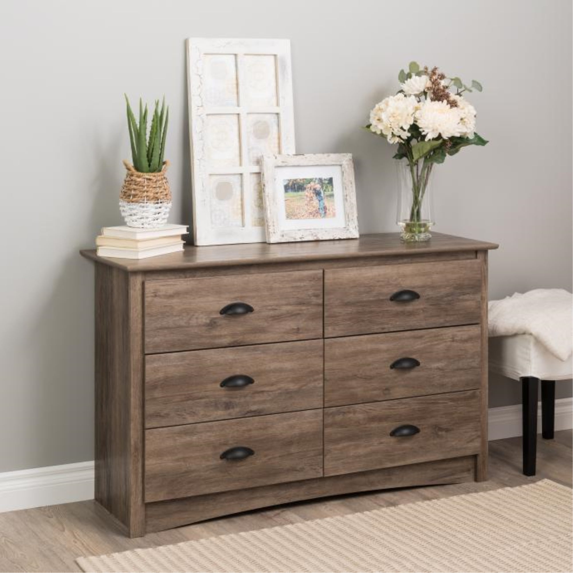 Coastal Gray 6-Drawer Double Dresser with Black Metal Handles