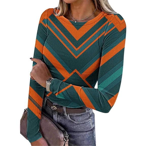 EchfiProm Womens Ribbed Tops Fall Slim Orange Crew Neck T-Shirt for Ladies Colorblock