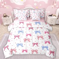 Manfei Cute Cartoon Bowknot 7-Piece Twin Bedding Sets,Colorful Bow Tie Bedding Comforter Set,Pink Stars Print Sheet Sets For Girl,Breathable Home Decor Reversible