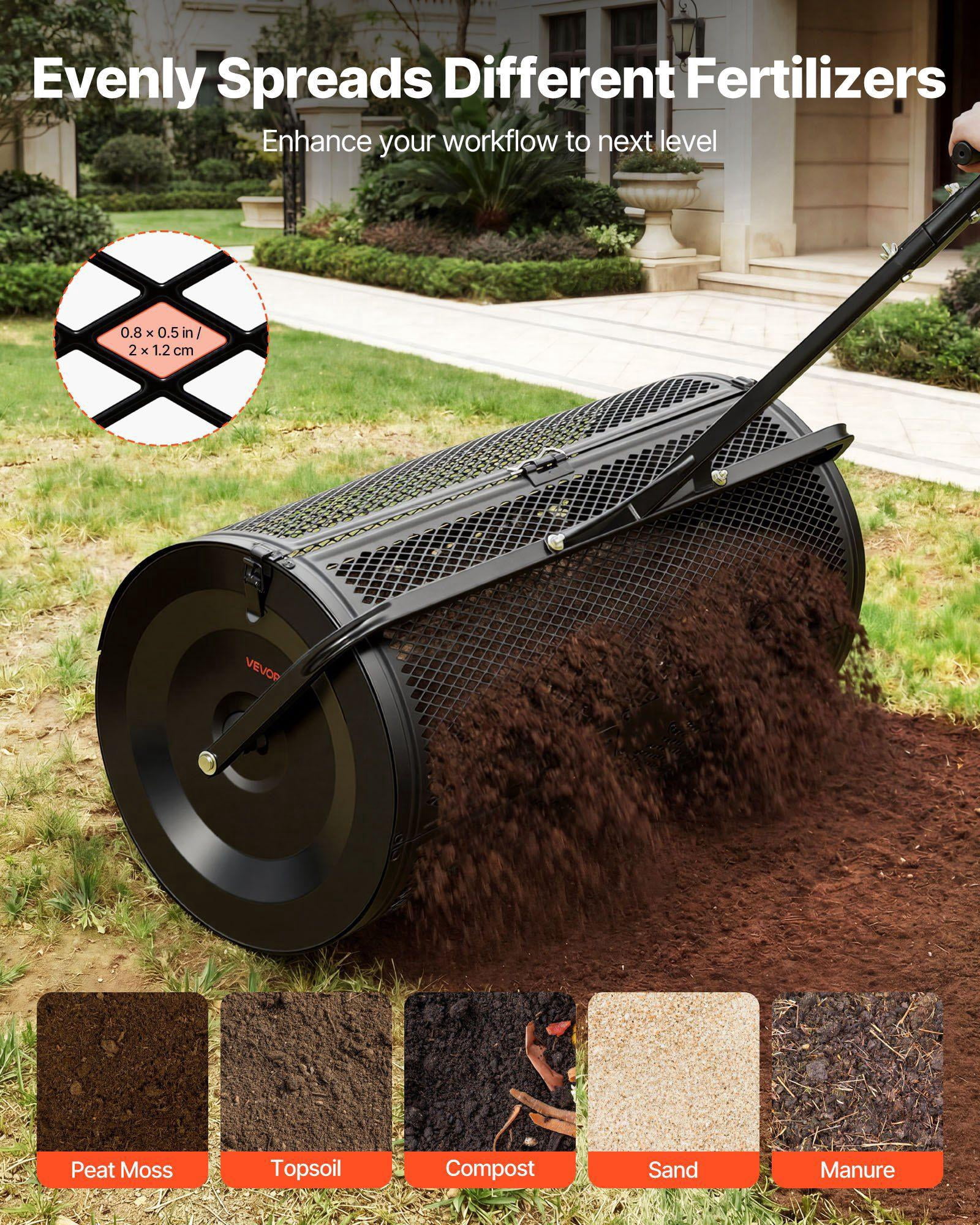 36 Inch Heavy Duty Peat Moss Spreader Adjustable Height Push Tow Handle Powder Coated Steel Garden Roller for Grass Seed Planting Black