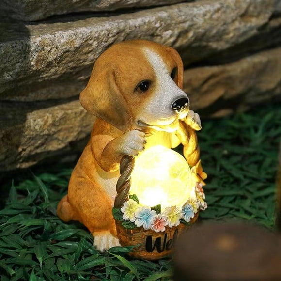 Solar Puppy Dog Garden Statue with Solar LED Light – Resin Outdoor Welcome Sign for Yard, Patio, Porch, Courtyard Landscaping Decoration