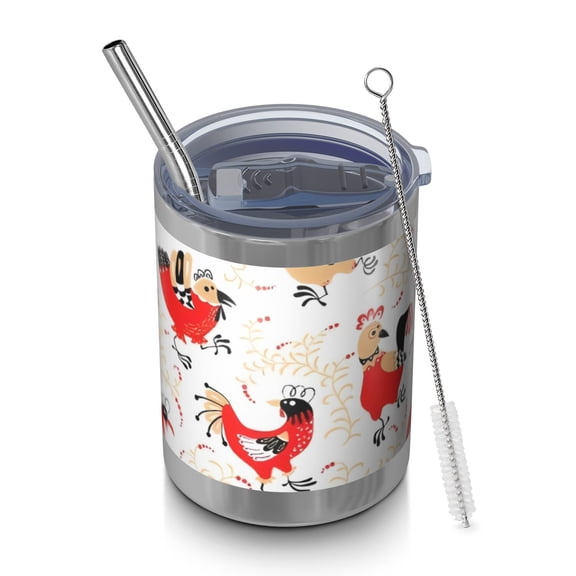 12oz Tumblers White Chicken Folk Pattern Vacuum Insulated Stainless Steel Travel Tumbler Cups Mug with Lid and Straw for Beer,Coffee,Beverages with Cleaning Brush for Cold & Hot Drinks