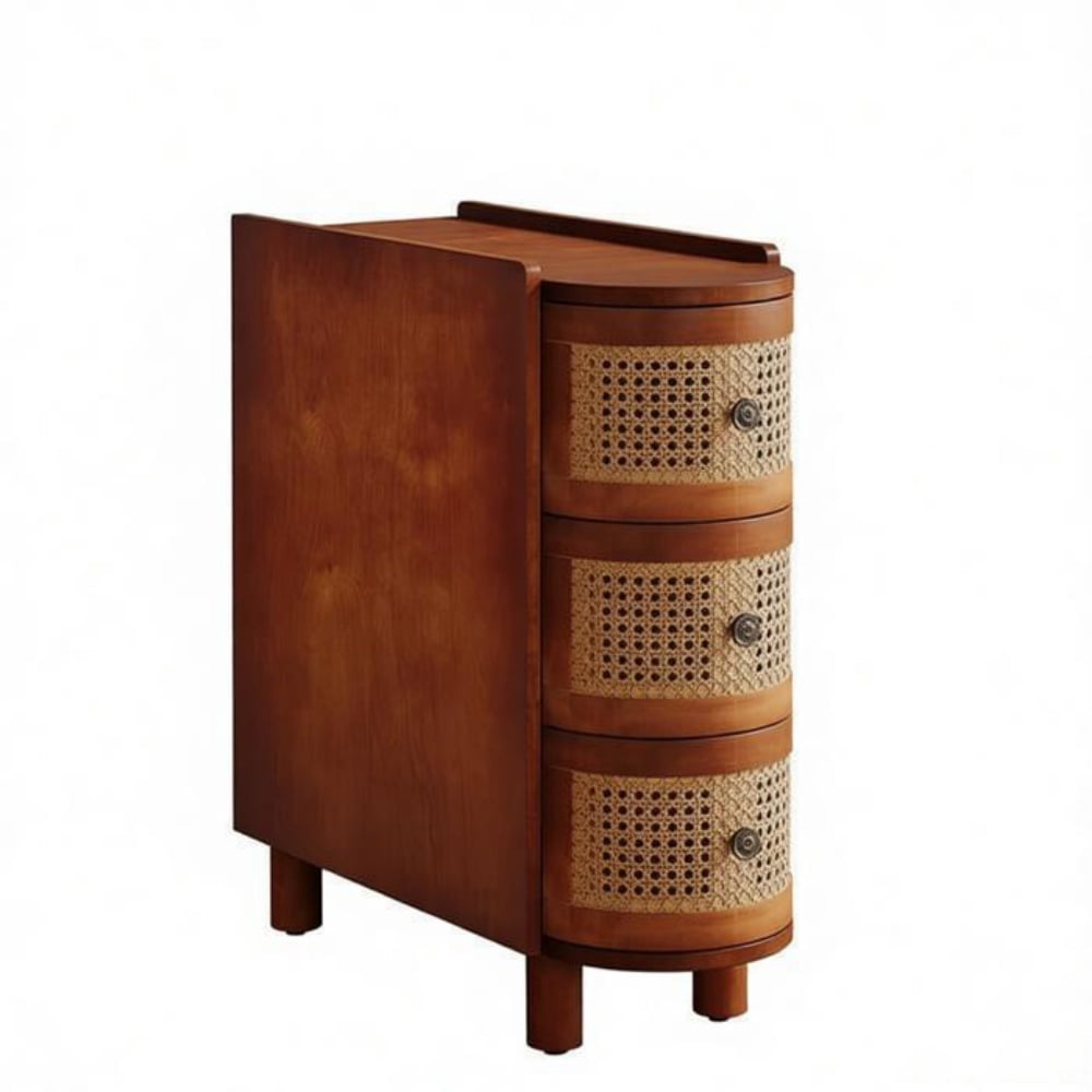 Solid Wood Rattan 3-Drawer End Table, Quick Partial Assembly Nightstand Side Table with Metal Pull Handles for Living Room Bedroom