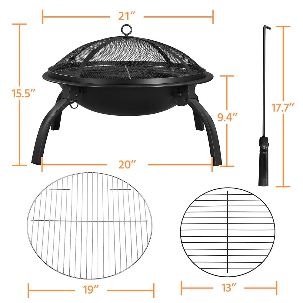 Topeakmart 22'' Round Iron Fire Pit Portable Outdoor Firepit with Mesh Lid Wood Grate Cooking Grill Fire Poker Carrying Bag, Black