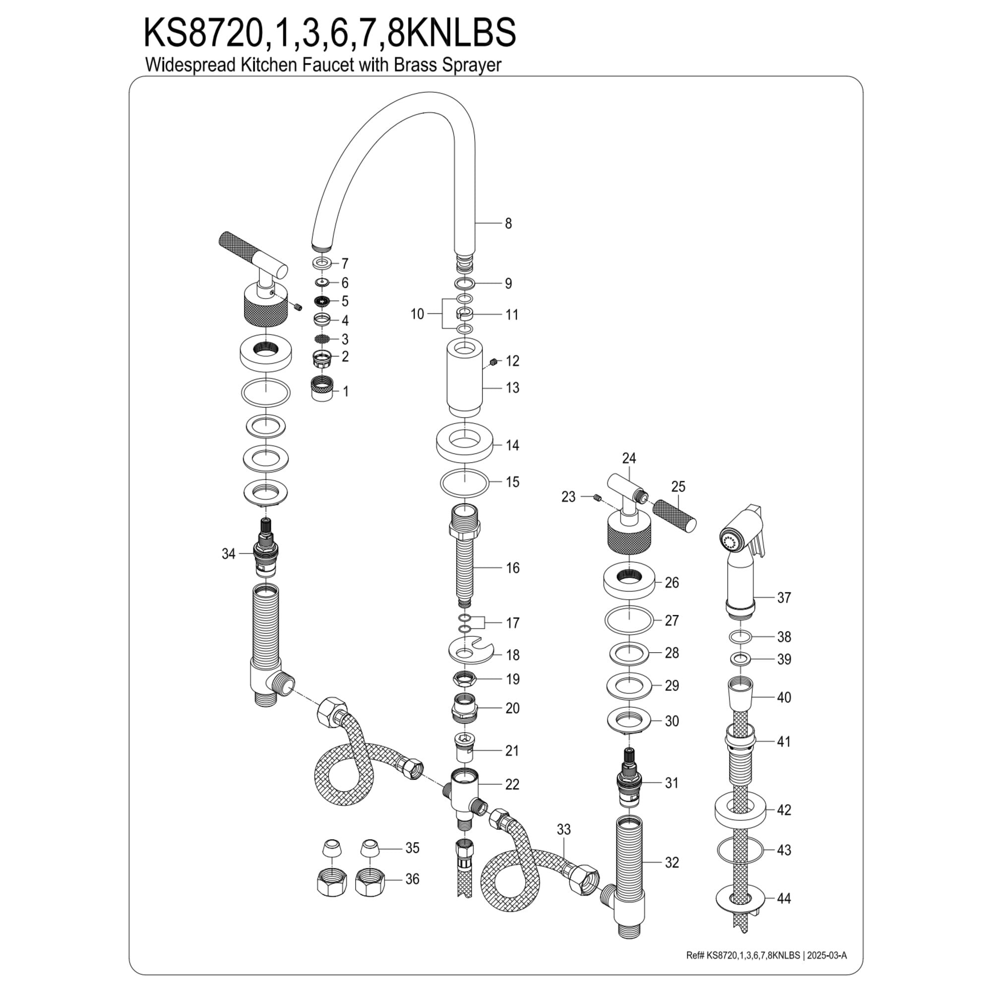 Kingston Brass KS8723KNLBS Convergent Double-Handle 4-Hole Widespread Kitchen Faucet with Knurled Handle 4-Hole and Brass Sprayer in Antique Brass