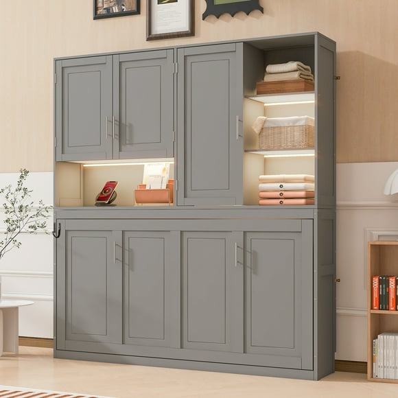 Noble House Lit Escamotable Mural Taille Simple avec Armoire Supérieure, Étagères, Lit Pliable Gain de Place avec Lumière et USB, Gris