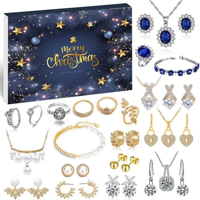 Calendario de Adviento 2023 para niñas, joyería de oro rosa, cuenta atrás de Navidad de 24 días, incluye dijes de oro rosa, collar, anillos, manualidades