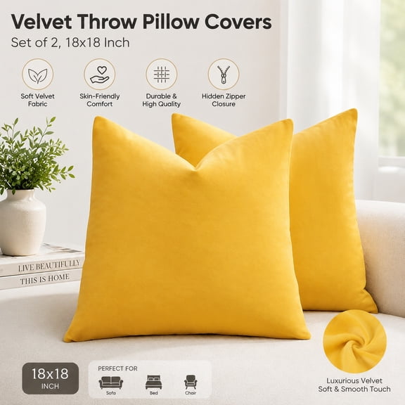Yellow Velvet Throw Pillow Covers Set of 2, 16x16 Inch Soft Decorative Cushion Covers for Sofa Couch Bed, Fall Boho Farmhouse Home Decor