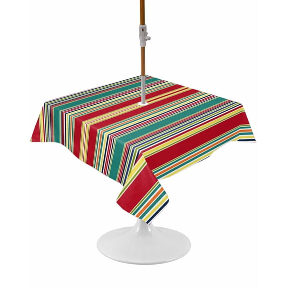 Outdoor Tablecloth with Umbrella Hole and Zipper Red Striped Square Tablecloths 54x54 Inch Waterproof Table Cloths Geometric Green Yellow Stripes Patio Table Cover for Picnic BBQS Party
