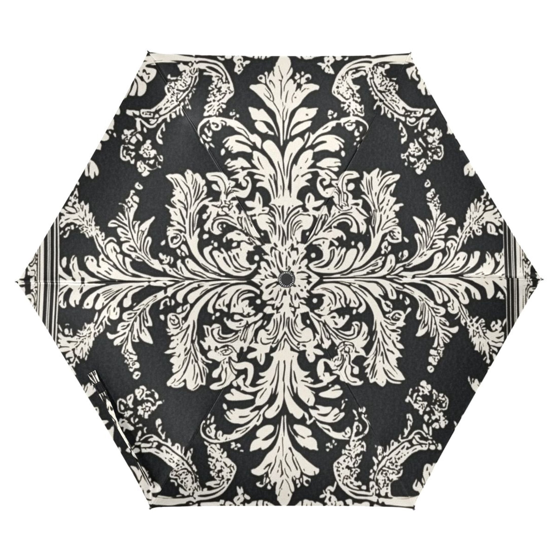 Black and White Paisley Flowers Pattern All Weather Umbrella Triple Folding Parasol 6 Ribs UV Protection Portable