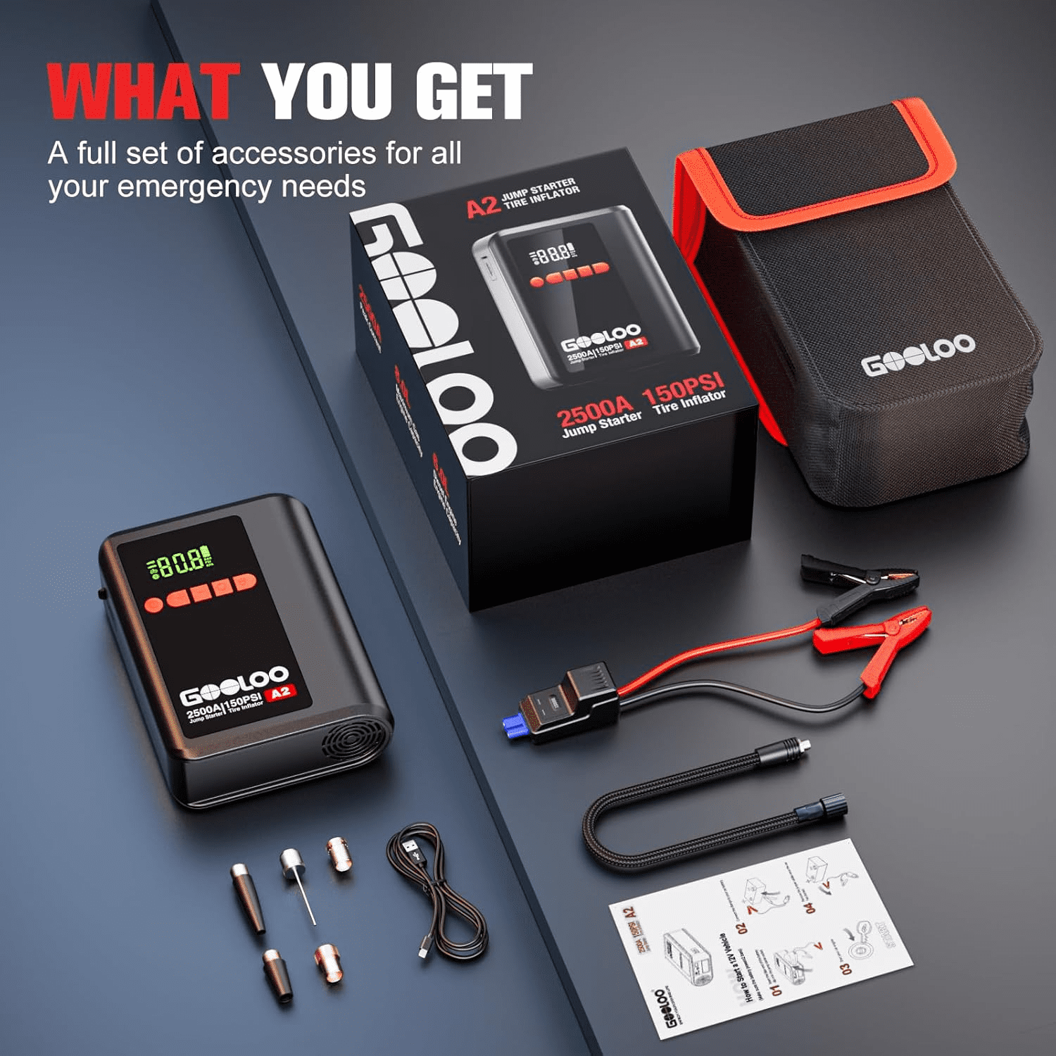 GOOLOO A2 8-in-1 Jump Starter with Air Compressor, 2500A Car Battery Booster (Up to 8L Gas/6L Diesel) 150 PSI Cordless Auto-Shutoff Tire Inflator, 12V Supersafe Lithium Jump Box with Jumper Cables