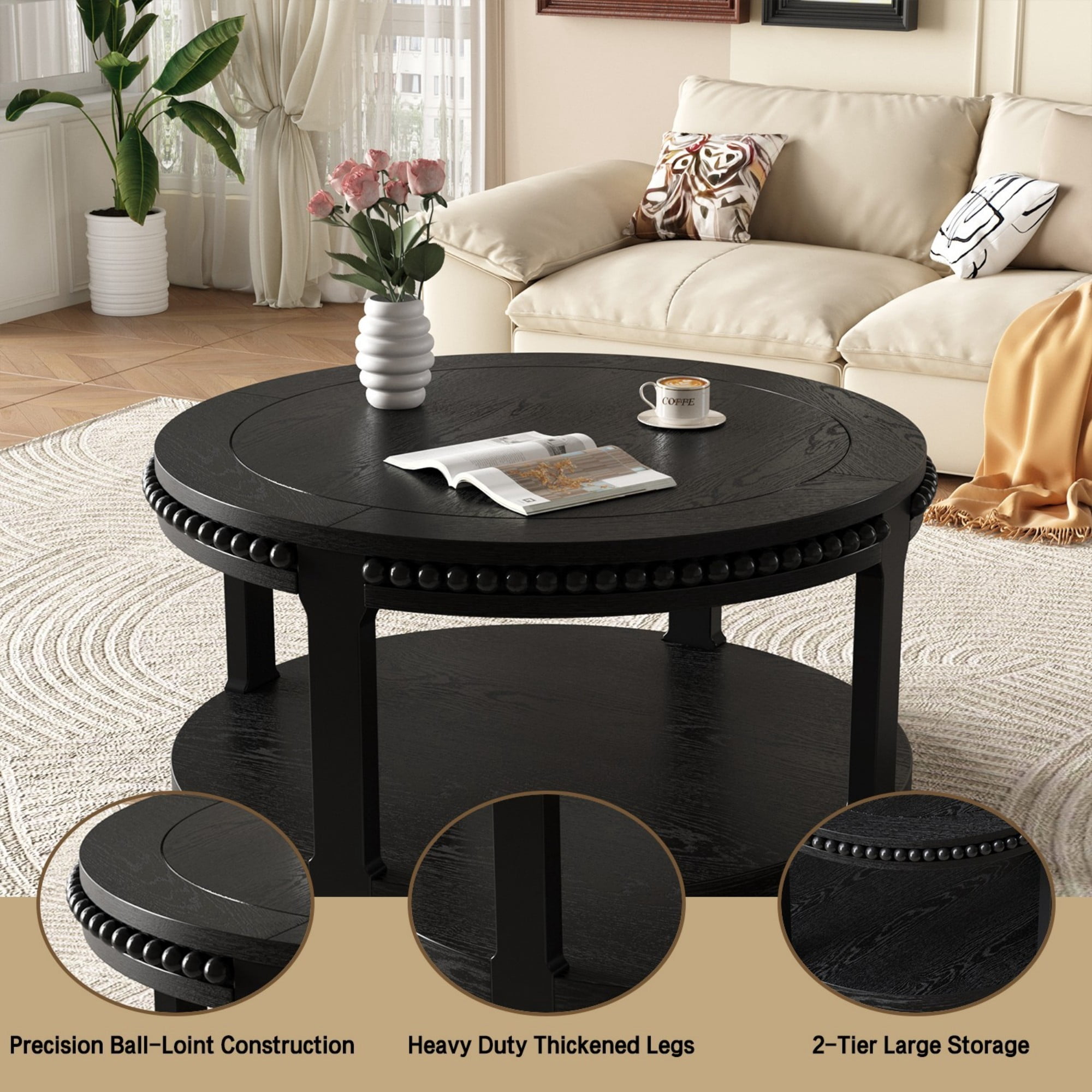31.5" Round Solid Wood Coffee Table, 2 Tier Wood Coffee Table with Shelf, Modern Center Table for Living Room Sofa Table, Black