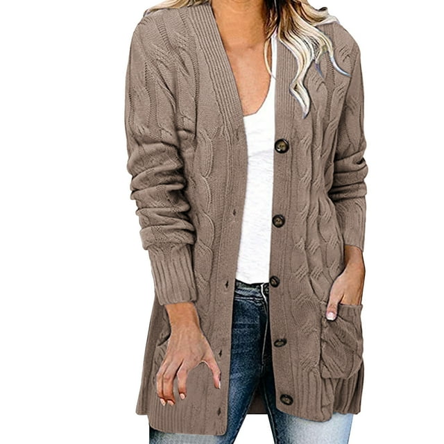 Manteau Femme Hiver Automne Col Rond Maille Torsadée Cardigan Mode Ample Ouvert Pardessus Mi-Long Manteau Extérieur Uni Chaud Trench