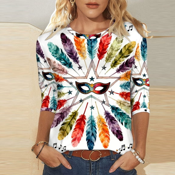 Mifsaly Mardi Gras Shirts for Women Striped Color Block 3/4 Sleeve Blouse Loose Crewneck Carnival T-Shirt Funny Festival Dressy Casual Pullover Tops 2026 Spring Summer Classic Outfits L