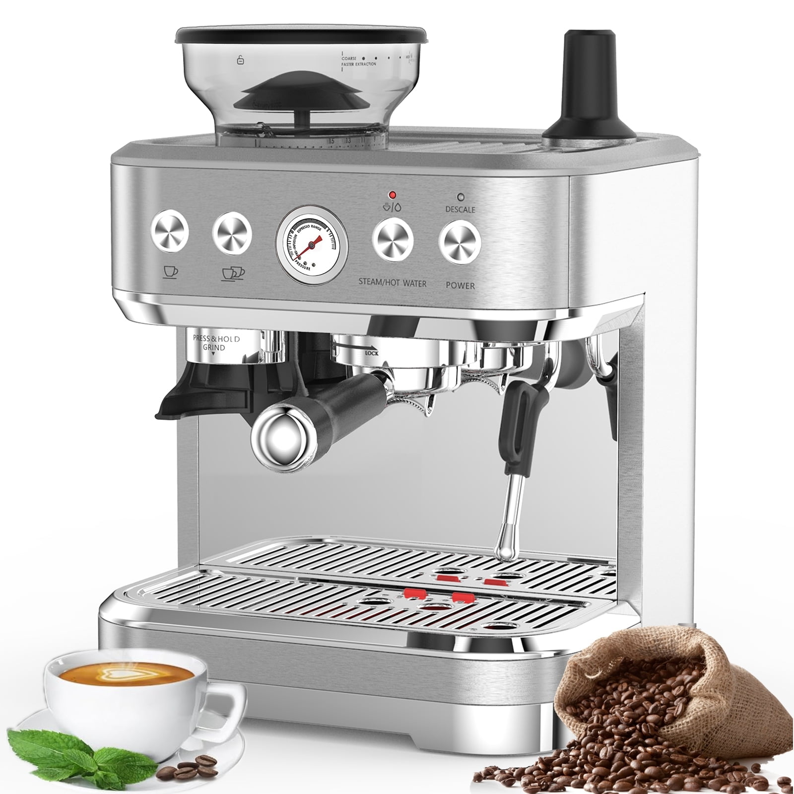Garvee Semi-Automatic Espresso Machine Coffee Maker with Grinder & Milk Steamer, 15 Bar, 2.5L Water Tank