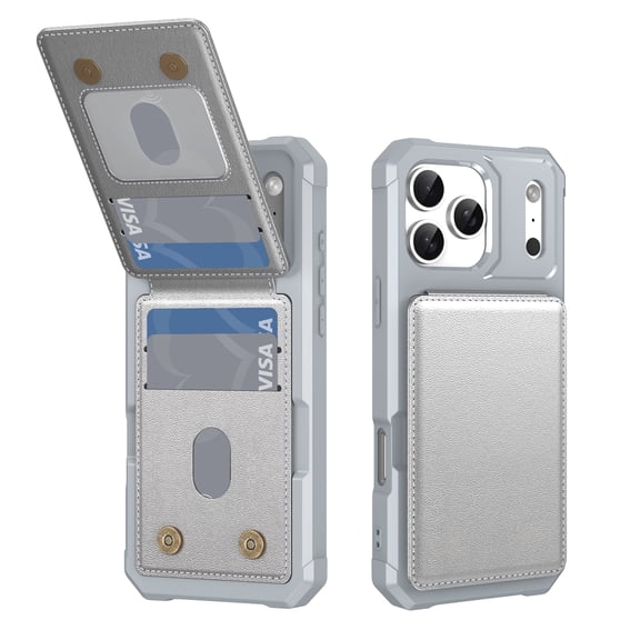 Mynvo Case for iPhone 18 Pro Max with Card Holder, RFID Blocking PU Leather Wallet Phone Case Shock-Absorbent Non-Slip Shokcproof Protective Full Body Cover, Silvergray