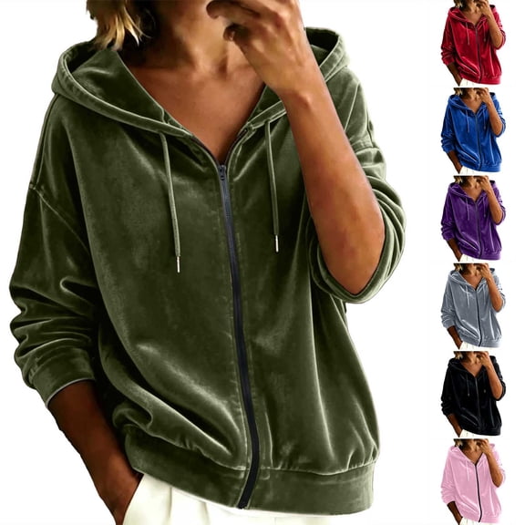 VBVC Women's Oversized Velvet Full Zip Hoodie , Casual Relaxed Fit Fall Top For Women , Ladies' Soft Drawstring Jacket witn No Pocket, Green , S-4XL