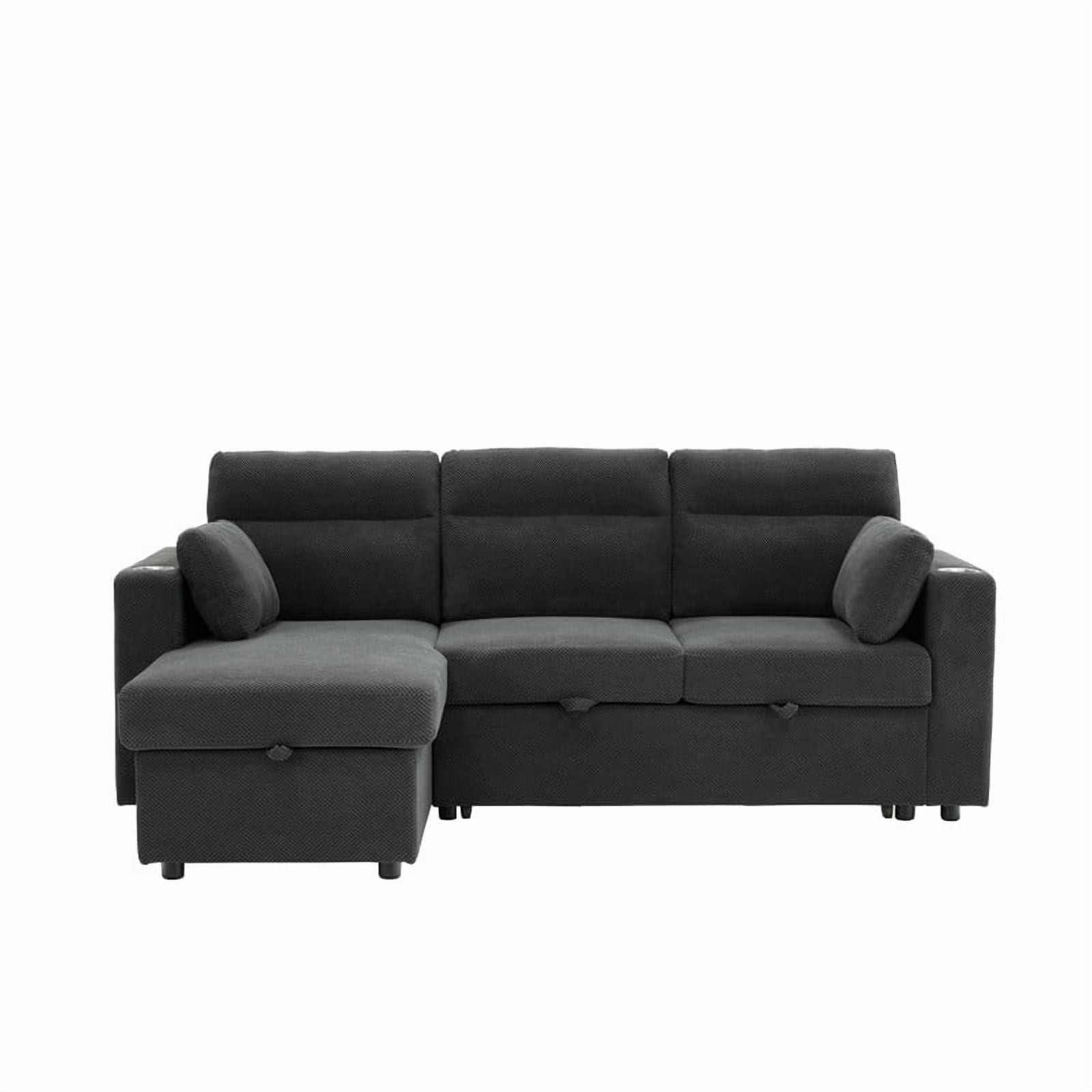 82.5" L-Shaped Convertible Sleeper Sofa, Pull-Out Sectional Sofa Bed with Storage Chaise, Cup Holders & 2 Lumbar Pillows, Modern Sofa Couch for Living Room, Apartment