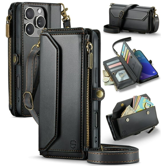 Funda tipo cartera con correa para iPhone 16 Pro Max 6.9, color negro