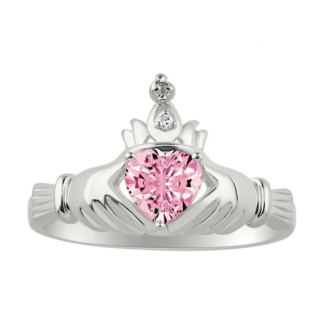 RYLOS Rings Sterling Silver Claddah Love, Loyalty & Friendship Ring Heart 6MM Gemstone & Diamond Claddagh Rings October Pink Ice Jewelry Size 10