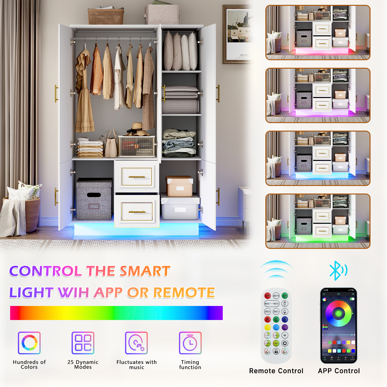Blotout 75" Tall 3 Doors Armoire Wardrobe Closet with LED Lights, LED Armoire with Doors and Drawers, Wooden Armoire Storage Cabinet with Hanging Rod, Adjustable Shelves