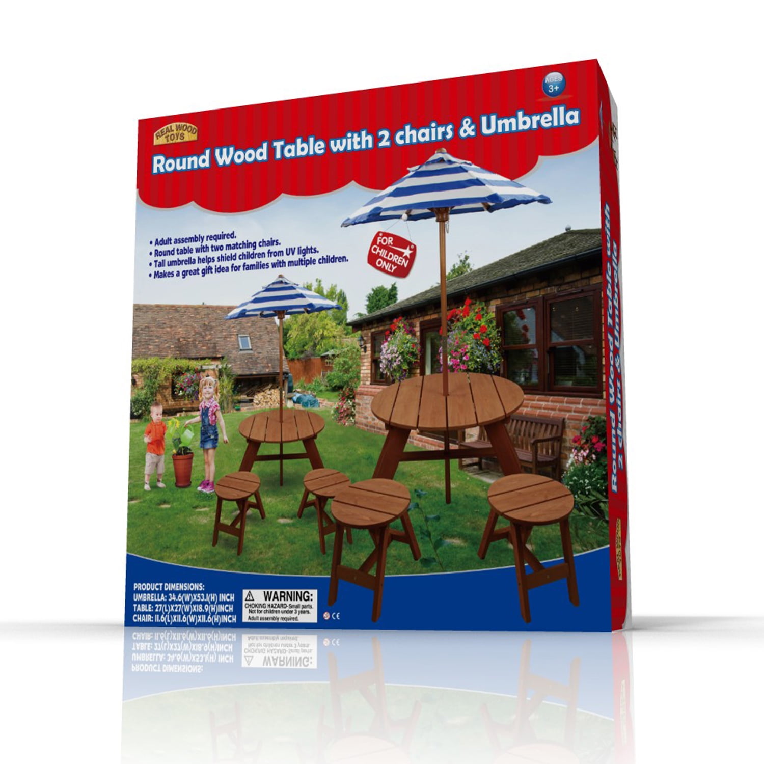 Homeware wood round table outlet with umbrella and 2 chairs