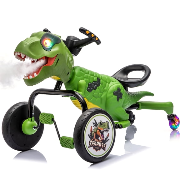 KEEPSUN Drift Tricycle for Kids, 4-Wheel Dinosaur Ride on Toy, Pedal Go Kart with Backrests, Anti-Rollover, Spray, Light, Roaring Sound, Gift for Boys Girls - Green
