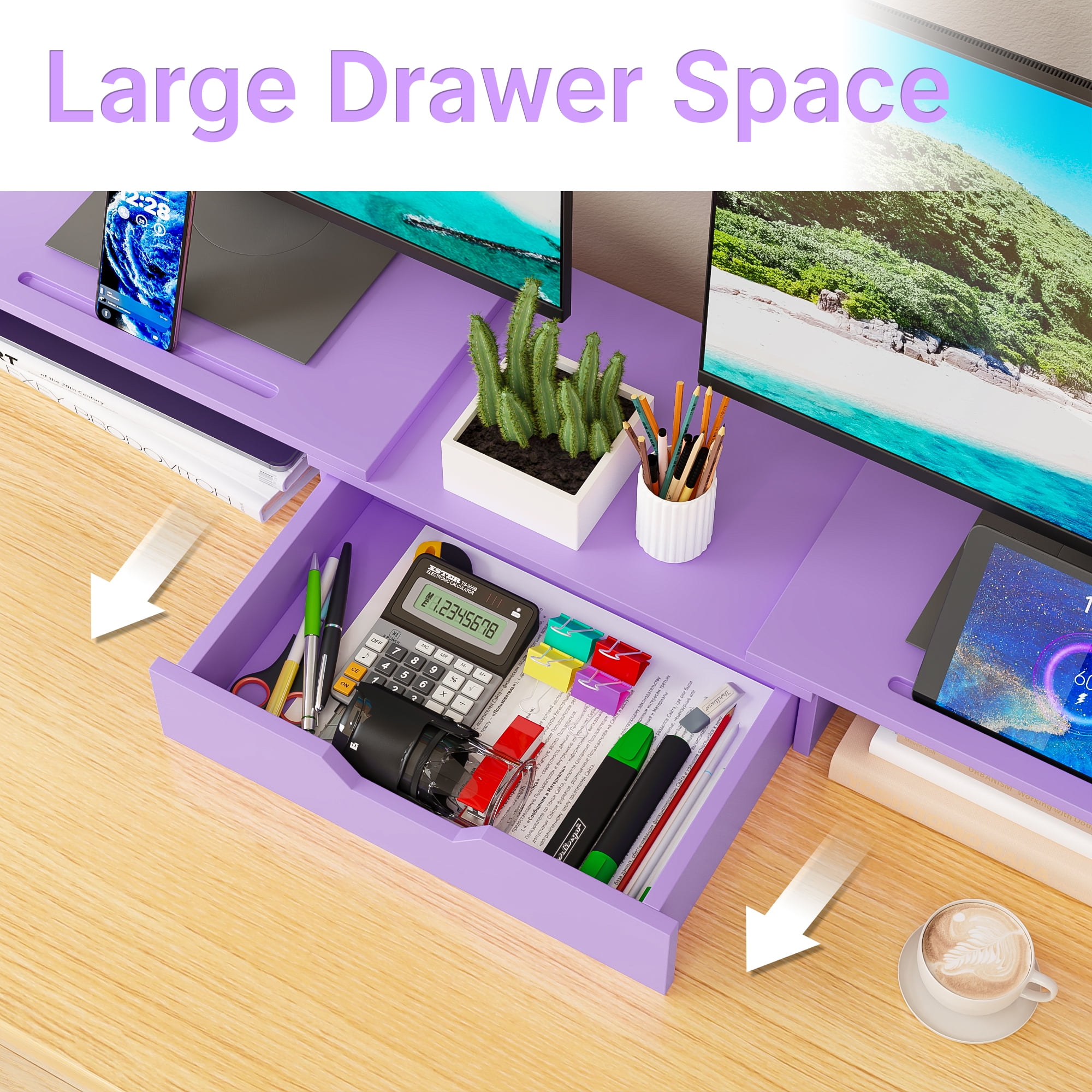 Yoneston Dual Monitor Stand Riser with Charger, Adjustable Length and Angle Desk Organizer with Drawer, Computer Monitor Stand with Phone Holder for PC, Laptop, Printer, Purple