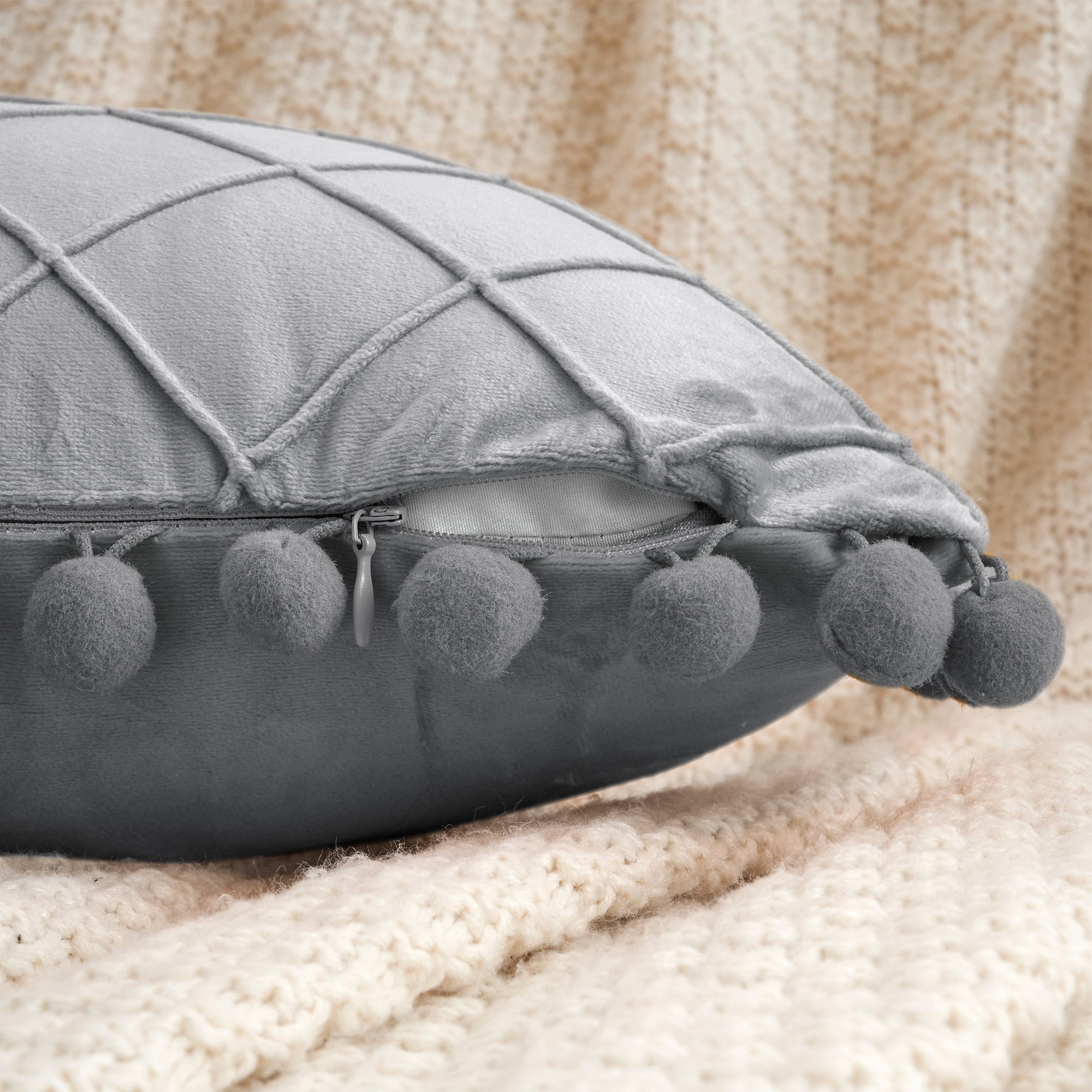 Unique Bargains Soft Pom-poms Velvet Throw Pillow Covers Grey 12" x 20"