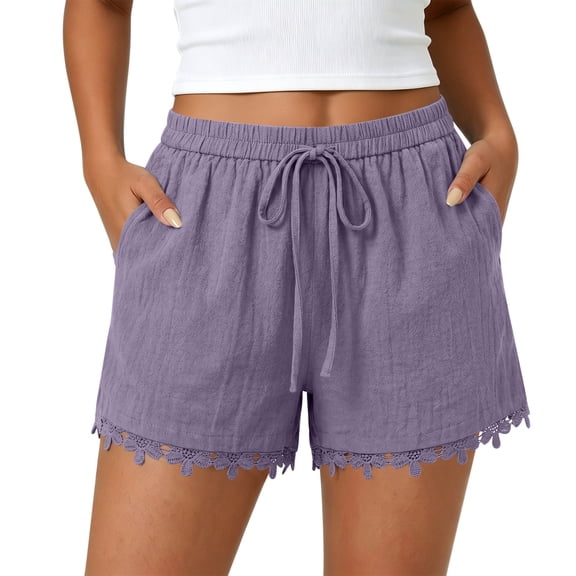 Running Shorts for Women 5 Inch Women’s Lace Hem Shorts, Elastic Waist Drawstring Casual Beach Bottoms, Summer Loose Fits Comfy Vacation Shorts Purples XL