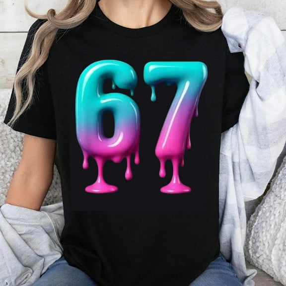 100% Cotton 67 Dripping Gradient Number T-Shirt for Women Men Unisex Casual Cool Graphic Tee Shirt Birthday Gift Top