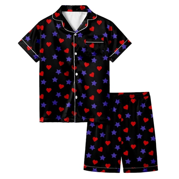 XAOFW Children's Outfits Sets Valentines Day Star And Heart Print Short Sleeve Lapel Top Shorts Two Piece Outfit Everyday Casual Set Holiday Vacation Breathable Trendy Clothes Sets
