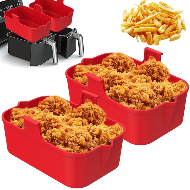 2 Pack Friteuse à Air Chaud Pot en Silicone avec Poignée Réutilisable Rectangulaire Poêle Double Panier Air Friteuse Four Micro-Ondes Doublure (Rouge)
