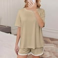 thumbnail image 2 of CheerKidz Two Piece Sets for Women 2025 Summer Short Matching Home Tops Elastic Waist Shorts Set Casual Loose V Neck Beach Vacation Travel Outfits(Z03#Khaki,M), 2 of 9