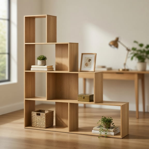 Barara King Bookcase, Storage Display Open Bookshelf,6 Cubes Ladder Shelf Corner Bookshelf Storage Bookcase-Natural