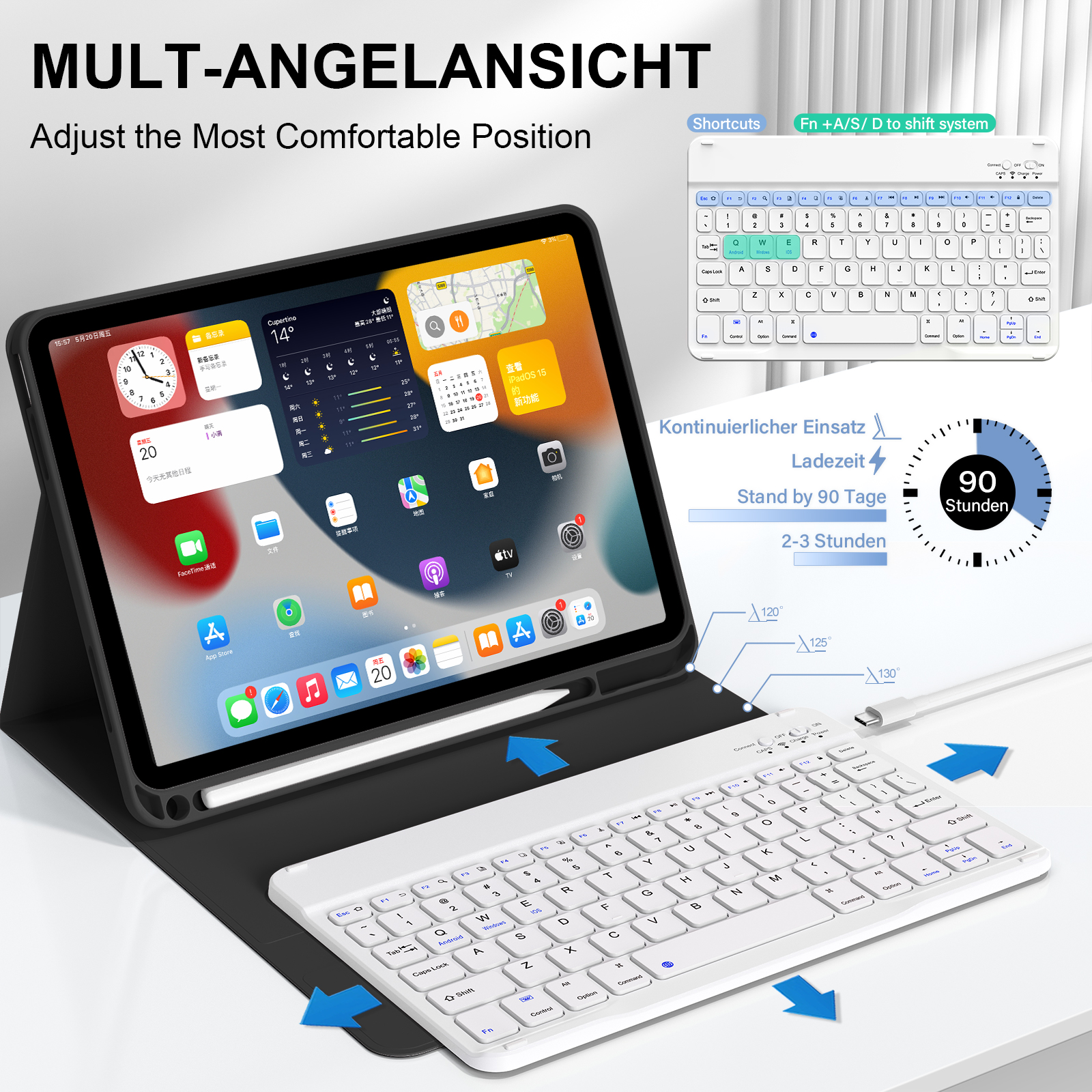 SZPSGC for iPad (A16) 11th Generation Case with Keyboard 11 inch 2025, iPad 10th Generation 10.9 inch Case with Pencil Holder, Multi-Angle Detachable Bluetooth Keyboard,Black