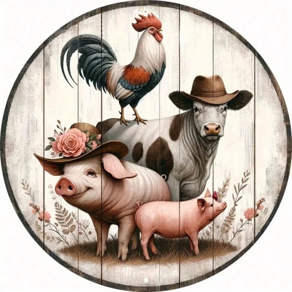 HELLOYOUNG Vintage Farm Animal Sign Round Aluminum Metal Tin Decor with Rooster Cow Pig for Kitchen Wall