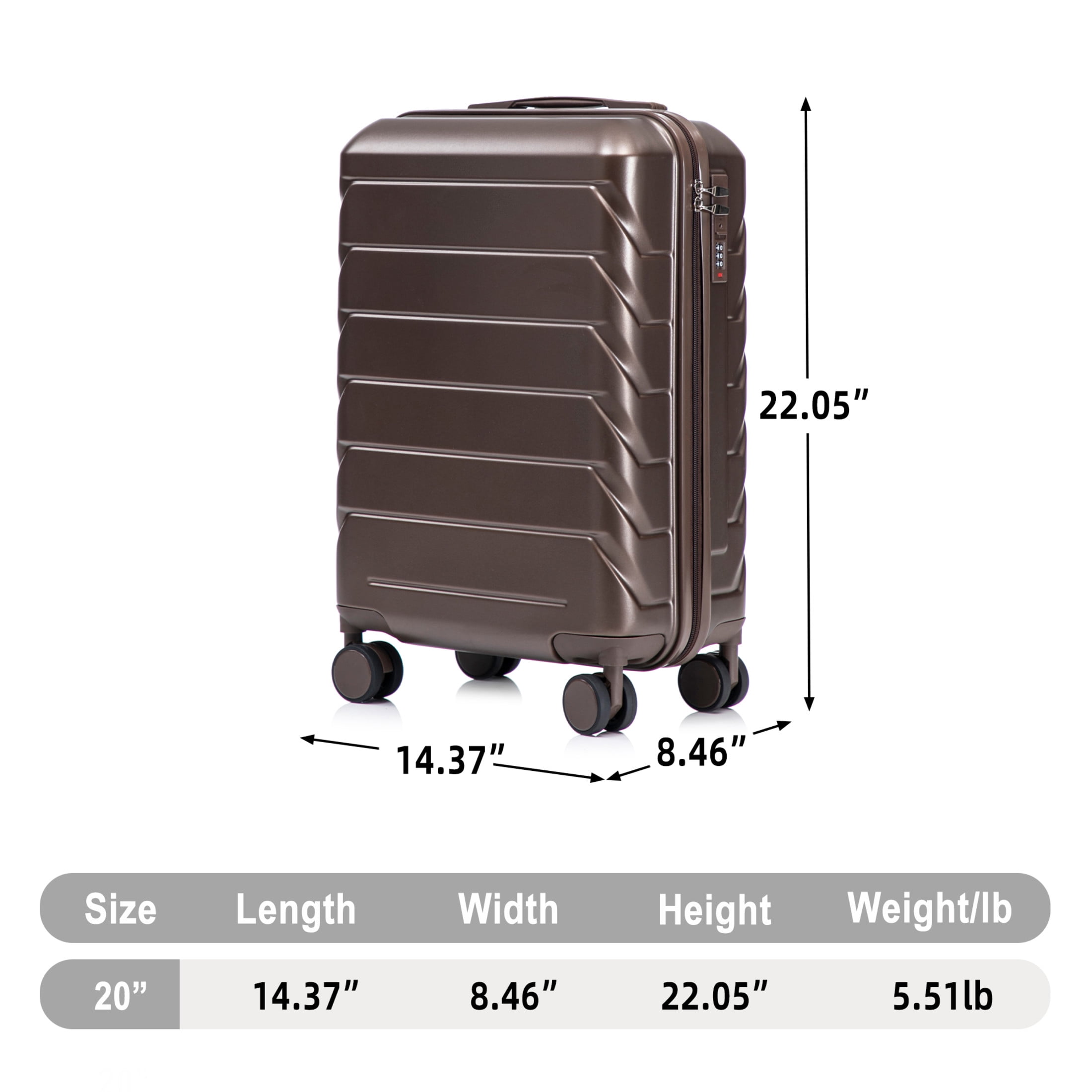 GDF Studio 20" Scratch-Resistant ABS Hard Shell Travel Luggage with 360° Spinner Wheels & Combination Lock, Brown