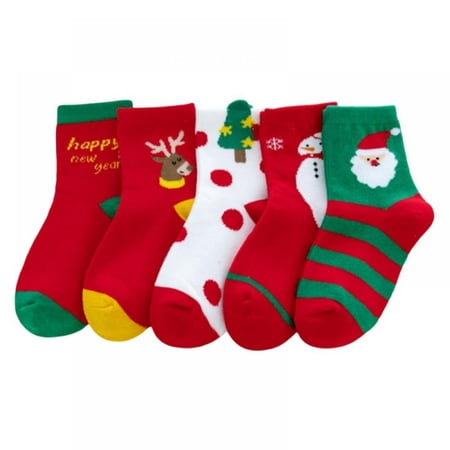

5 Pairs Christmas Socks Kids Boys Girls Socks Santa Claus Elk Xmas Tree Pattern Colourful Funny Cotton Soft Warm Socks Christmas Gift 1-12Y