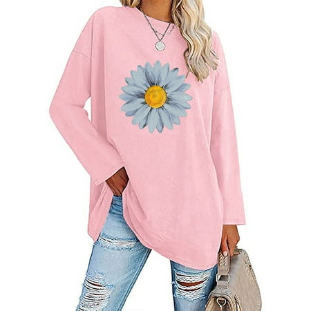 Zanvin Womens Fall Fashion Tops 2022 Clearance, Womens Classic Floral Print Crewneck Long Sleeve Loose Tops Blouses Shirt Pink L, Gifts for Women