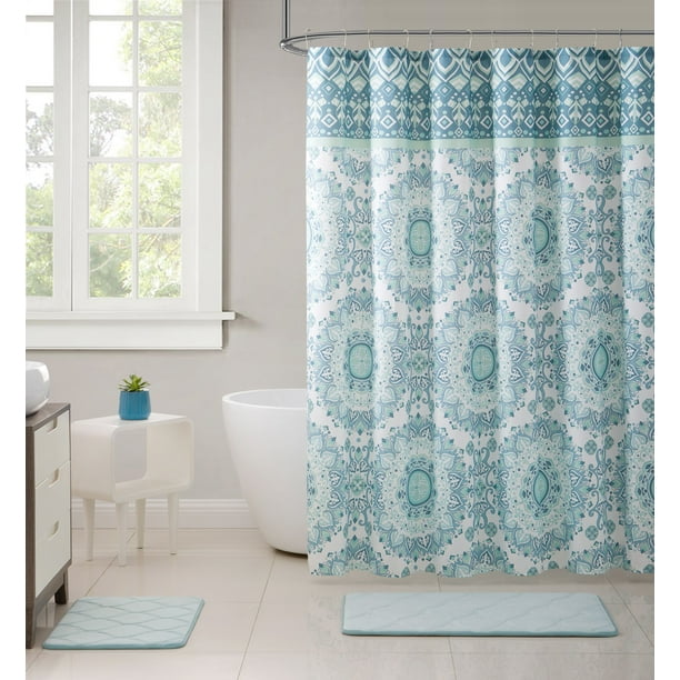 Phoebe Aqua Blue Turquoise Green Fabric Shower Curtain Metal Rollerball Hooks Set Com Fabric Shower Curtain, Turquoise Aqua Shower Curtains